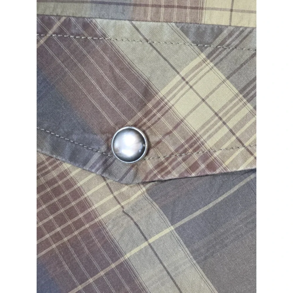 Banana Republic Western Shirt Mens M Brown Plaid Pearl Snap Short Sleeve Classic